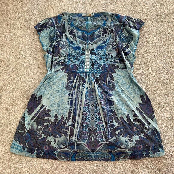 Y2K Floral Flowy Blue Flutter Sleeve Scoop Neck Stretchy Top - Picture 5 of 8